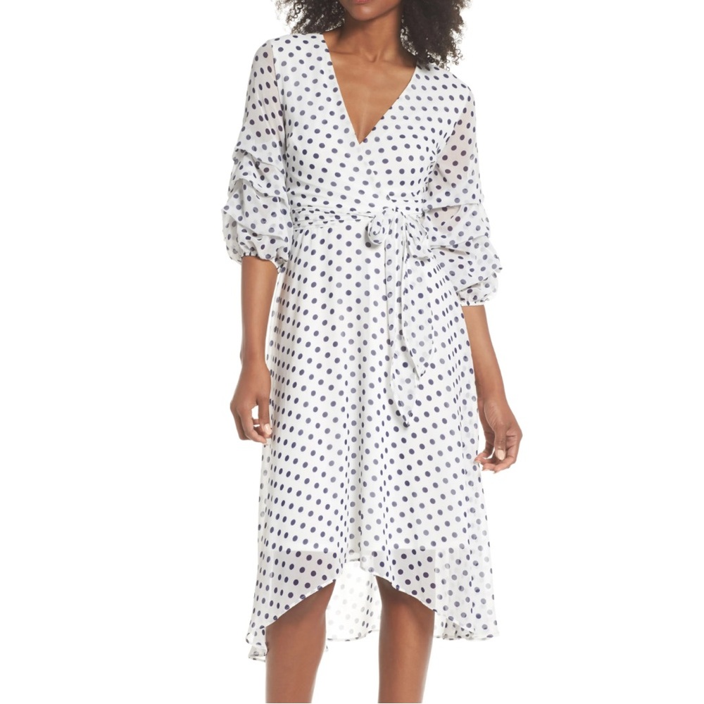 GABBY SKYE navy blue and White Polka Dot fluff sleeve elegant Dress